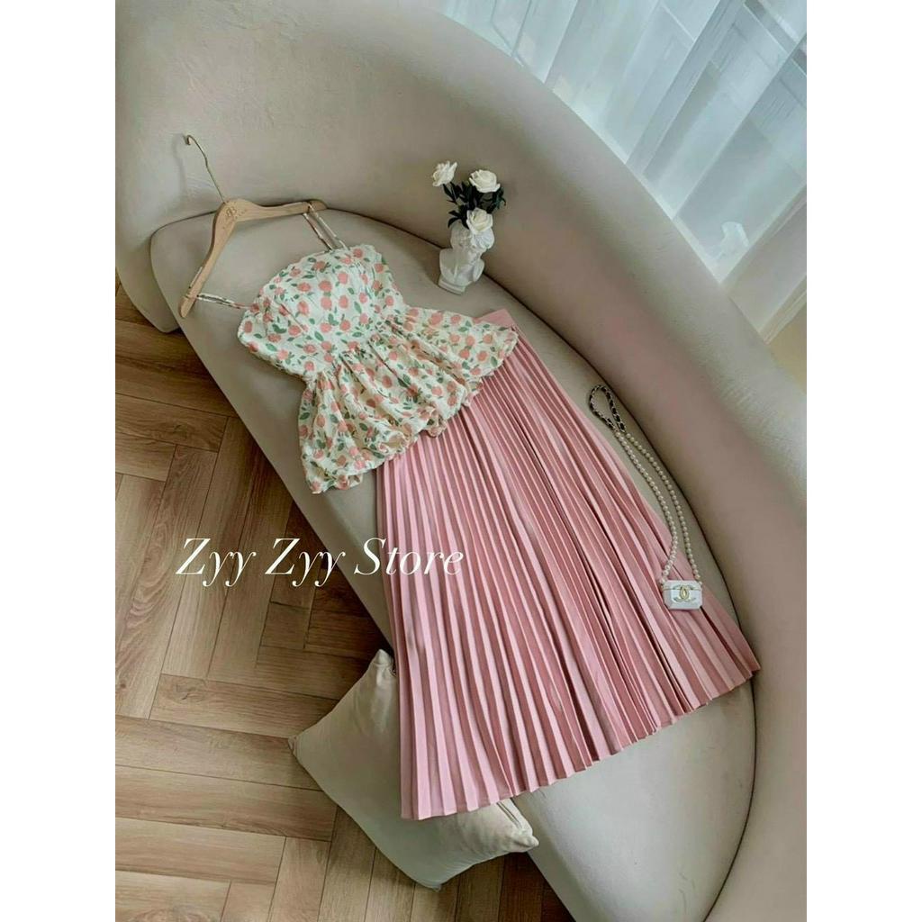 SÉT BỘ ÁO VOAN HAI DÂY CÓ MÚT NGỰC KÈM CHÂN VÁY DẬP LY ĐẸP XUẤT SẮC