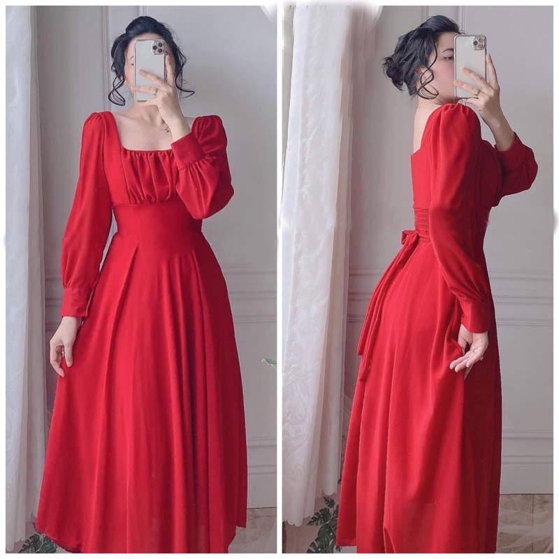 Đầm đỏ nhúng ngực tay dài (kèm hình thật)