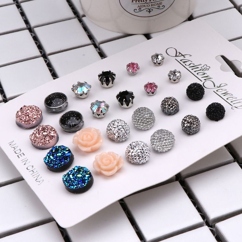 Set 12 cặp hoa tai dạng hạt tròn bằng nhựa resin đính đá pha lê dành cho nữ