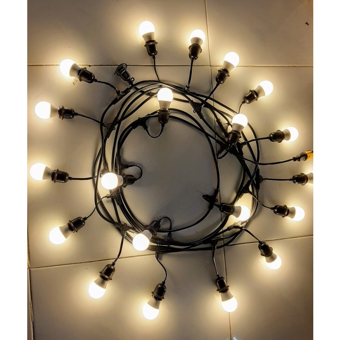 Bộ dây đui 10m 20 đui gồm 20 bóng 3w trang trí ngoài trời, chống nước cho quán Coffee
