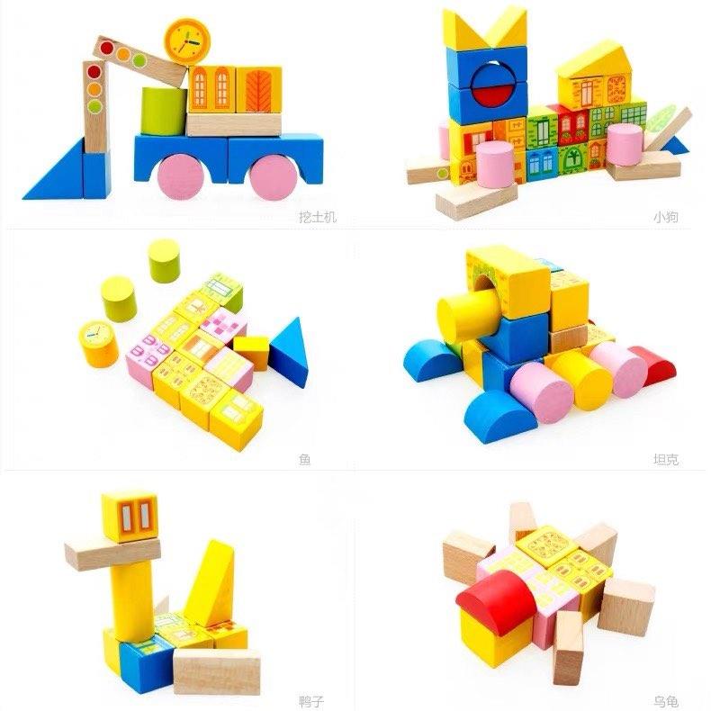 Bộ đồ chơi xếp hình khối gỗ 62 chi tiết, 100 chi tiết gỗ in hình xếp mô hình thành phố có hộp cho bé thỏa sức sáng tạo