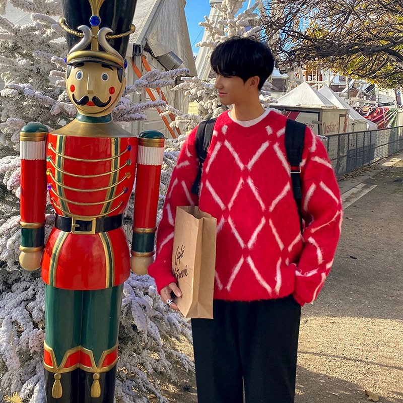 Áo sweater tay dài dáng rộng dày ấm áp họa tiết kẻ sọc thời trang thu đông dành cho nam