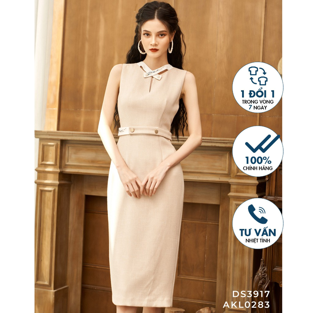 Đầm ôm không tay, cổ phối vải đính hạt trai thêu hoa, đai eo liền Emspo DS3917