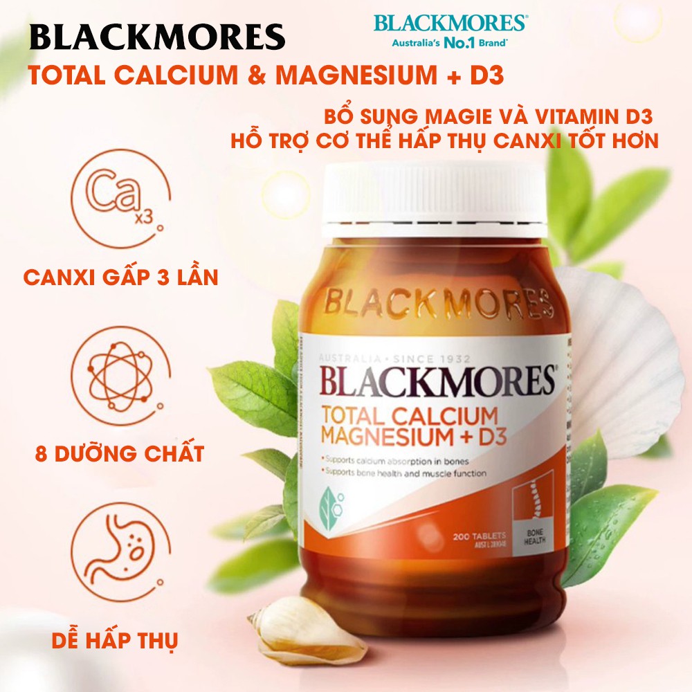 Viên uống bổ sung Canxi, Magie, D3, hỗ trợ xương khớp Total Calcium &amp; Magnesium + D3  Blackmores Úc 200 viên