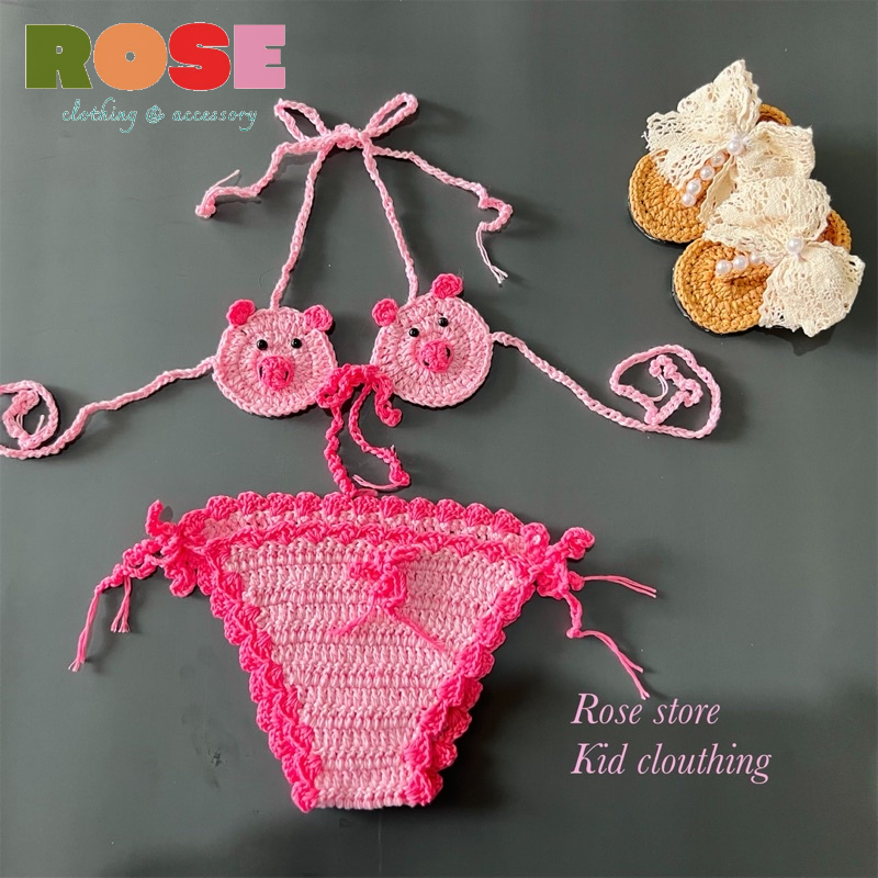 Bikini đi biển, đồ bơi heo hồng, đồ bơi chụp ảnh heo hồng cho bé