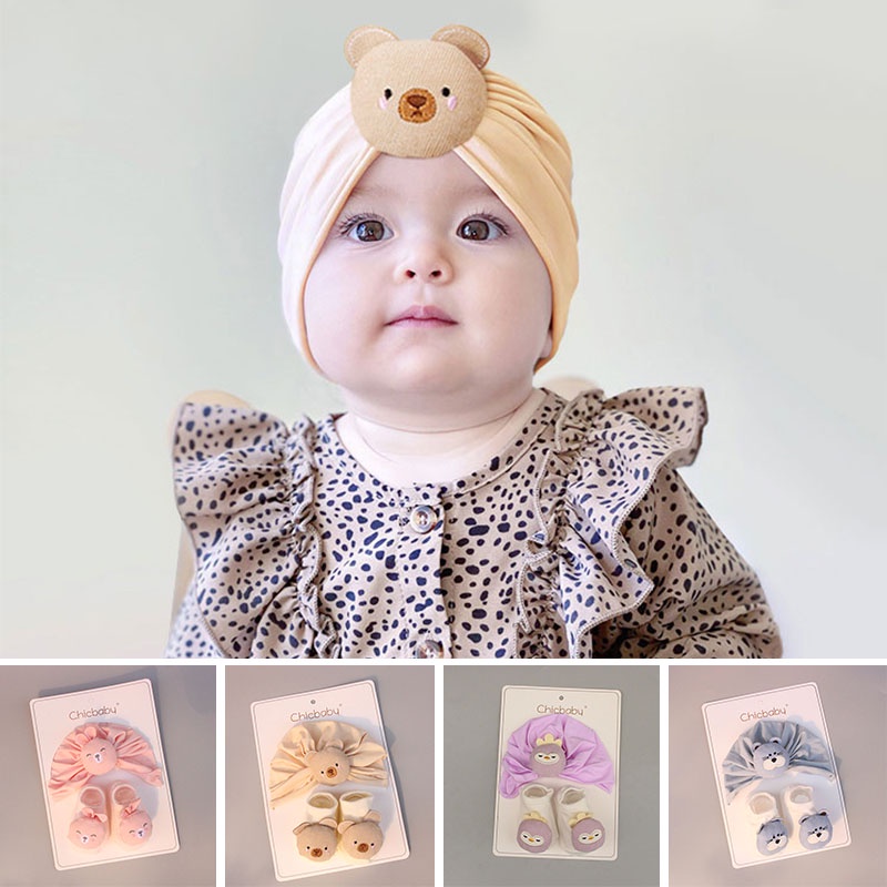 Set 2 Món Gồm Vớ Và Băng Đô Hình Gấu Hoạt Hình Dễ Thương Cho Bé Sơ Sinh