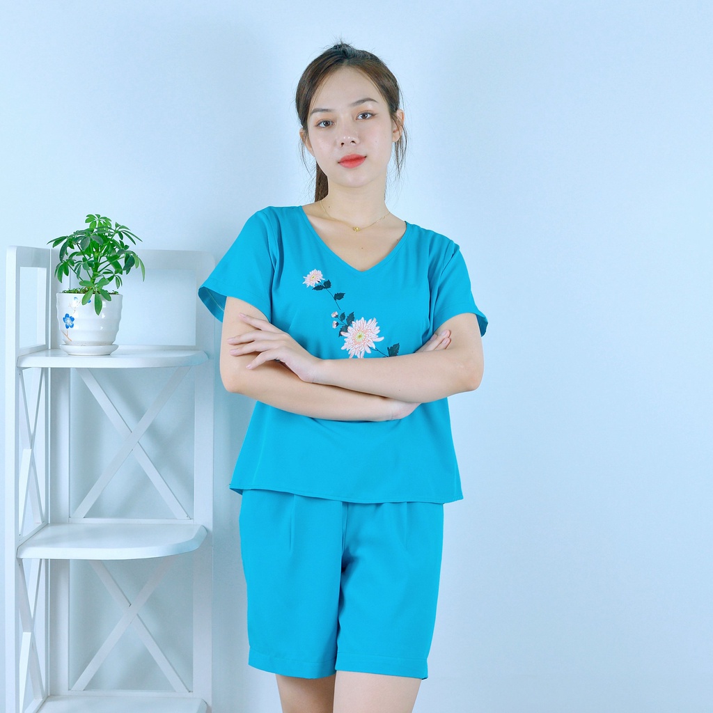 Bộ đồ nữ MÀU XANH CỔ TIM IN HOA  - vải lụa cao cấp - Cực Kì Sang Chảnh