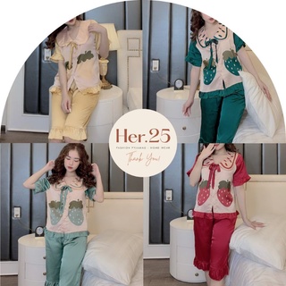 Đồ Bộ Pijama - Bộ Ngủ Mặc Nhà Cộc Lửng Vải Lụa Satin Viền Bèo, Họa Tiết Dâu Tây Dễ Thương