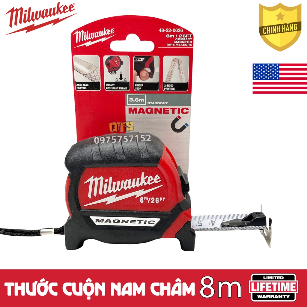 Thước kéo nam châm 8m Milwaukee Mỹ, thước cuộn thép 2 mặt nền trắng công nghiệp độ chính xác tuyệt đối, chống va đập