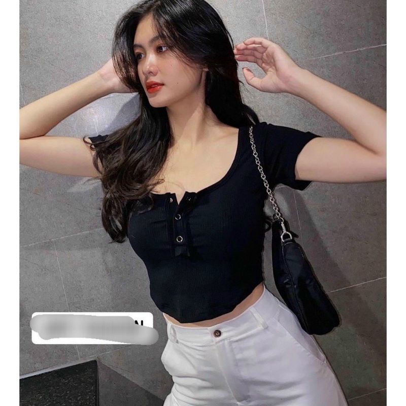 Áo Thun Croptop Tay Ngắn Lai Bầu Nút Bấm 3 Màu Dáng Ôm Dành Cho Nữ