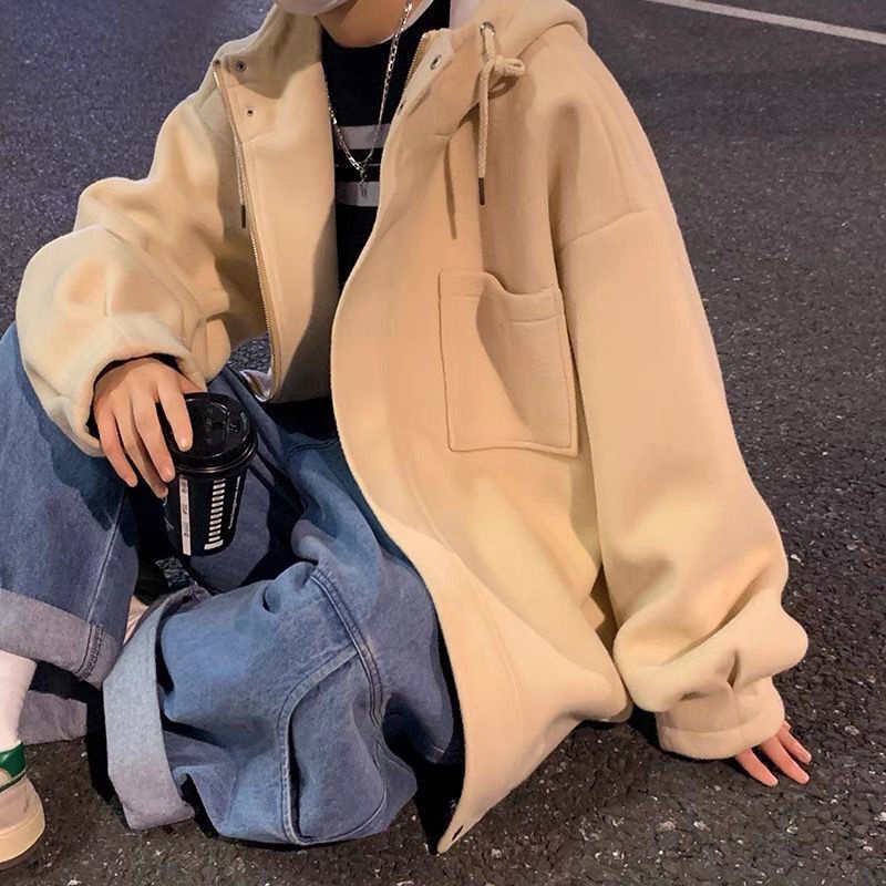 Áo Khoác Nhung Dáng Rộng Màu Trơn Phối Khóa Kéo Thời Trang Mùa Đông Mới Cho Nam