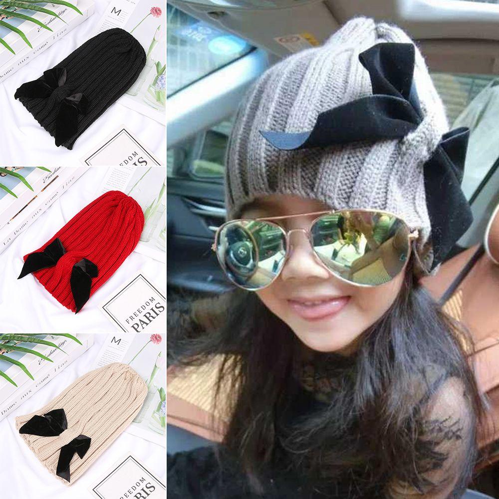 JUNE Mũ Len Màu Trơn Mềm Mại Đính Nơ Xinh Xắn Cho Nữ