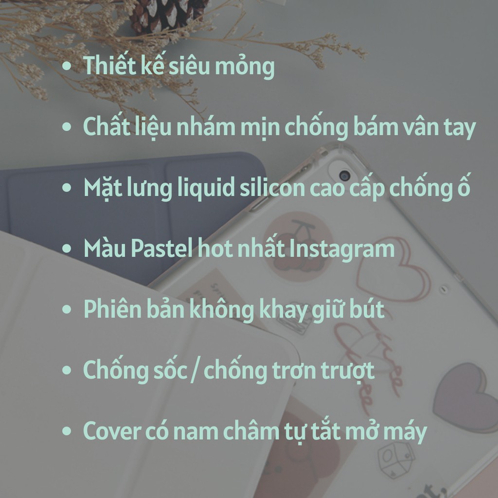 [Không khay bút] Bao da cover máy tính bảng màu pastel lưng kính