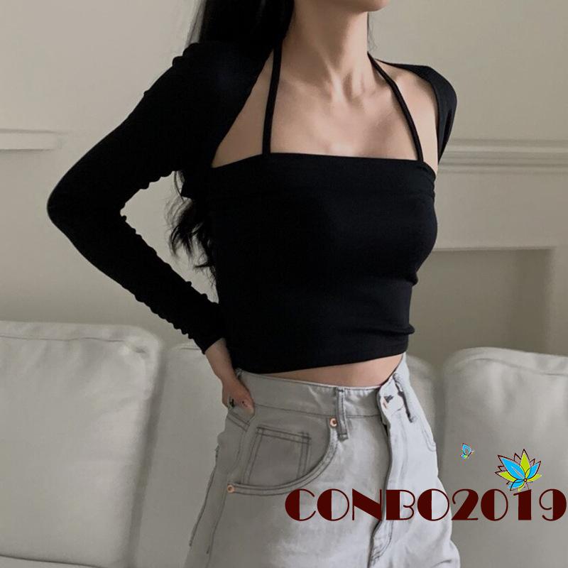 Set Đồ Mùa Hè 2 Món Gồm Áo Crop Top Cổ Yếm Không Tay Màu Trơn + Áo Khoác Dài Tay Cho Nữ