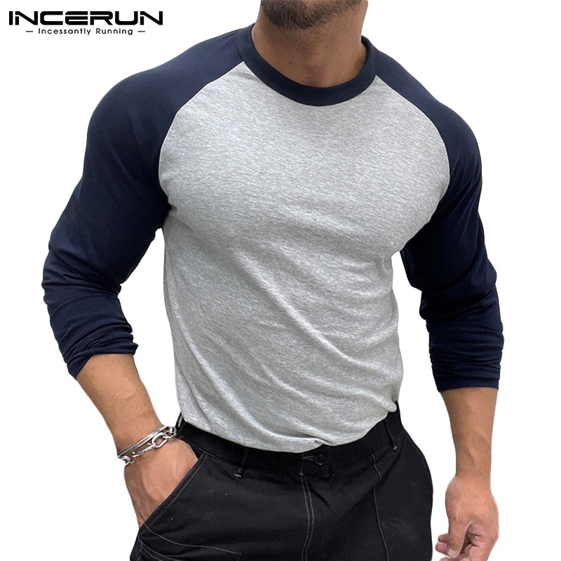 Áo INCERUN dài tay cổ tròn màu sắc nổi bật dành cho nam