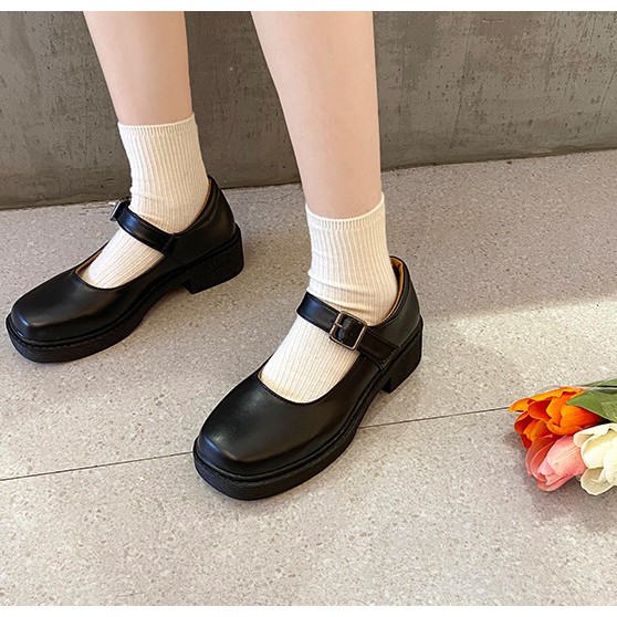G49_GIÀY đế vuông cao gót Mary Jane mũi tròn
