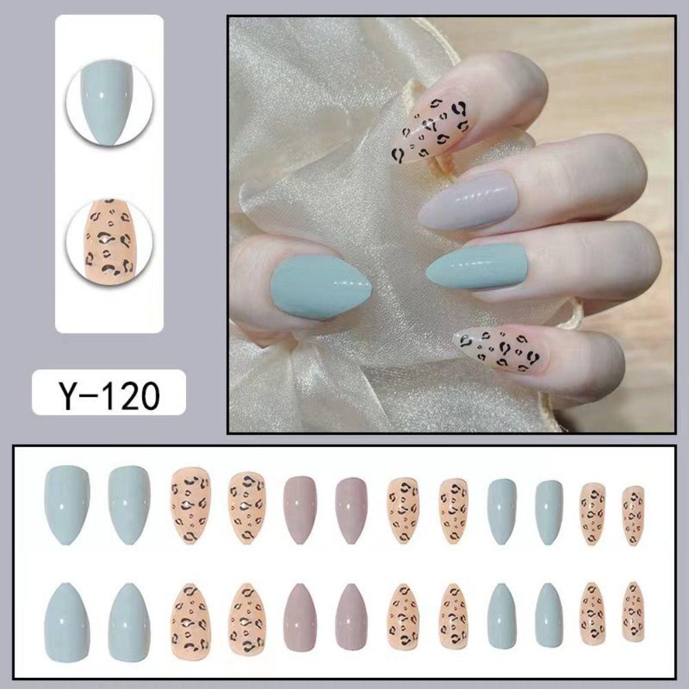 ME Set 24 Móng Tay Giả Nhện Đen In Họa Tiết Da Báo Phong Cách Pháp