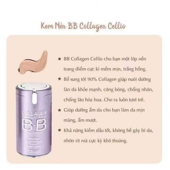 Kem nền trang điểm nâng tone sáng da  BB Collagen Cellio SPF 40+ - Hàn Quốc Chính Hãng