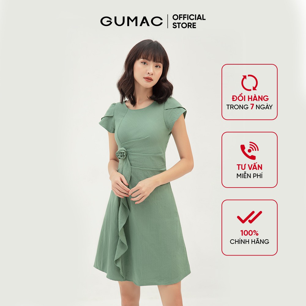 [Mã MABR07062 giảm 8% tối đa 50K đơn từ 249K] Đầm xòe nữ xếp eo phối hoa GUMAC màu xanh trơn, đủ size DB318 | BigBuy360 - bigbuy360.vn