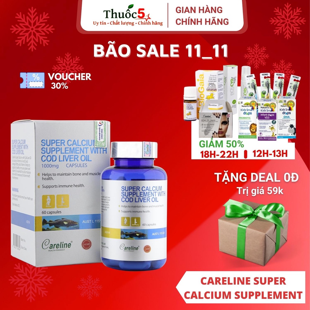 [Giá Gốc] Viên uống canxi bổ sung dầu gan cá Careline Super Calcium Supplement bổ sung Omega-3 cho cơ thể - Hộp 60 viên