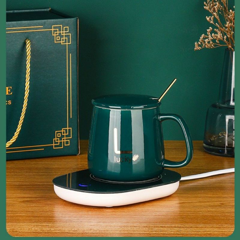 Cốc hâm nóng cao cấp bằng sứ kèm đế điện, Ly sứ kèm đế điện hâm nóng cafe, sữa, trà Tặng kèm thìa mạ vàng tiện lợi