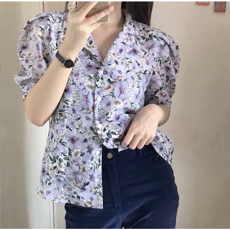Áo kiểu vintage hoa tím tay bồng (hình thật)