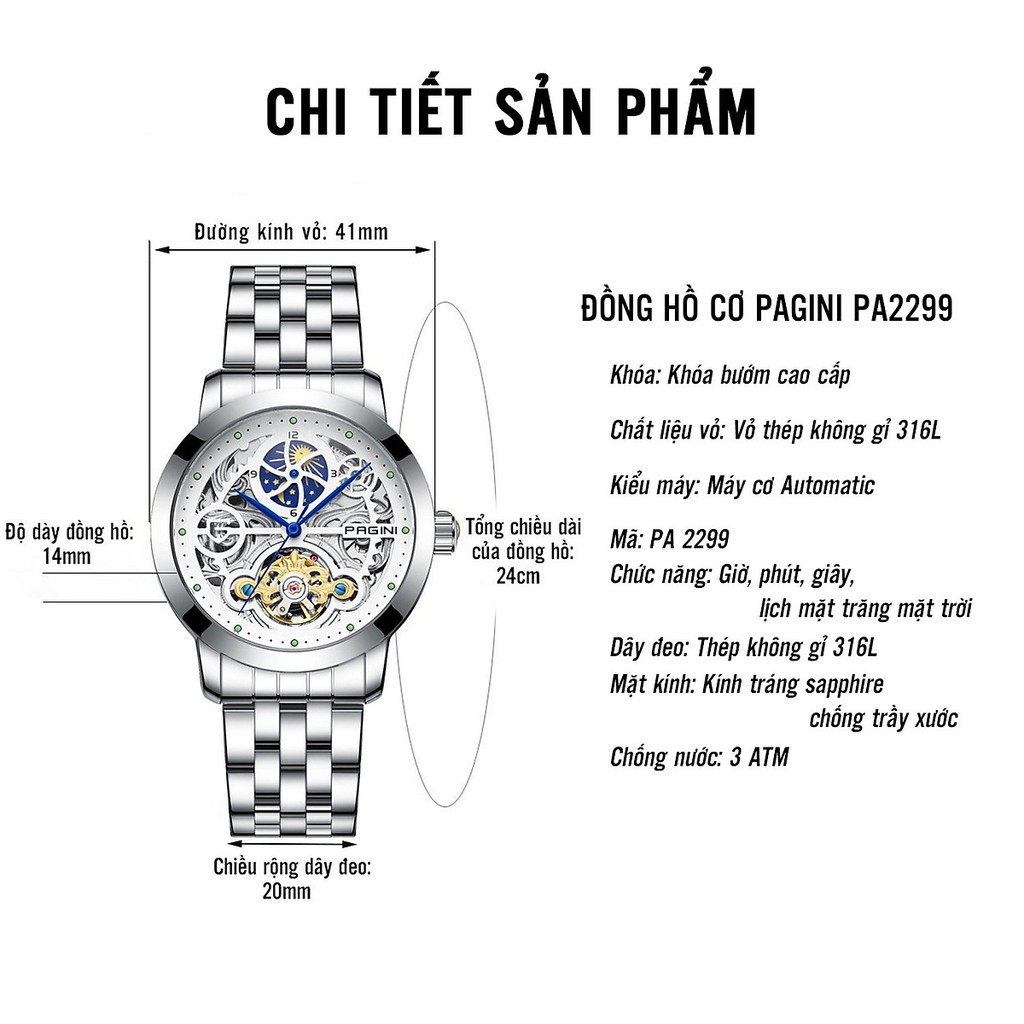 Đồng Hồ Nam Chính Hãng PAGINI PA2299 Automatic Thiết Kế Độc Đáo Tinh Xảo, Cấu Tạo Thép Không Rỉ- Fullbox Bảo Hành 12T