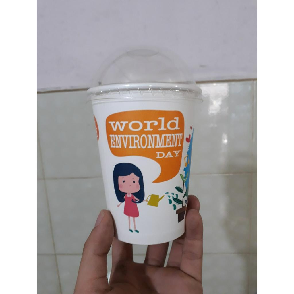 Ly giấy 360ml - 14oz mẫu Save The Earth, Set 100 cái kèm nắp
