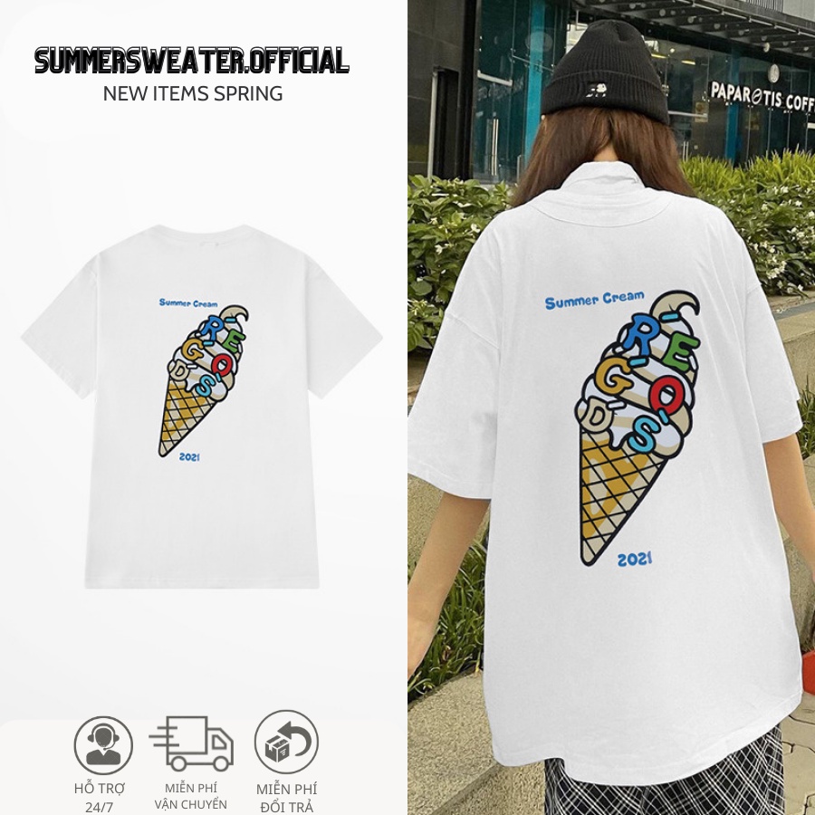 Áo thun nam nữ unisex tay lỡ SM02, áo phông tay lỡ unisex form rộng in Hình Summer Cream