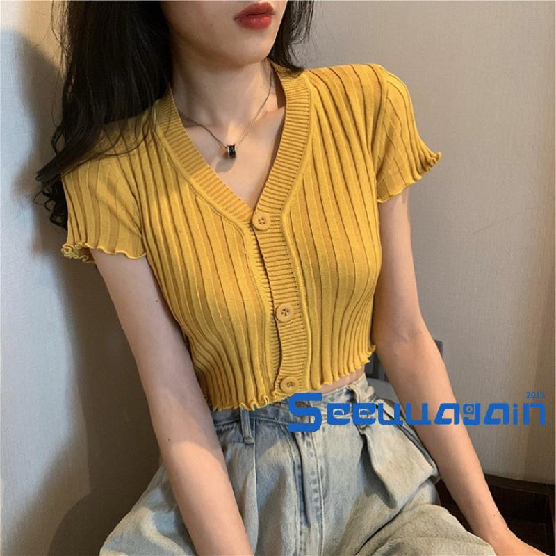 Áo Dệt Kim Tay Ngắn Thiết Kế Cổ Chữ V Thanh Lịch | BigBuy360 - bigbuy360.vn
