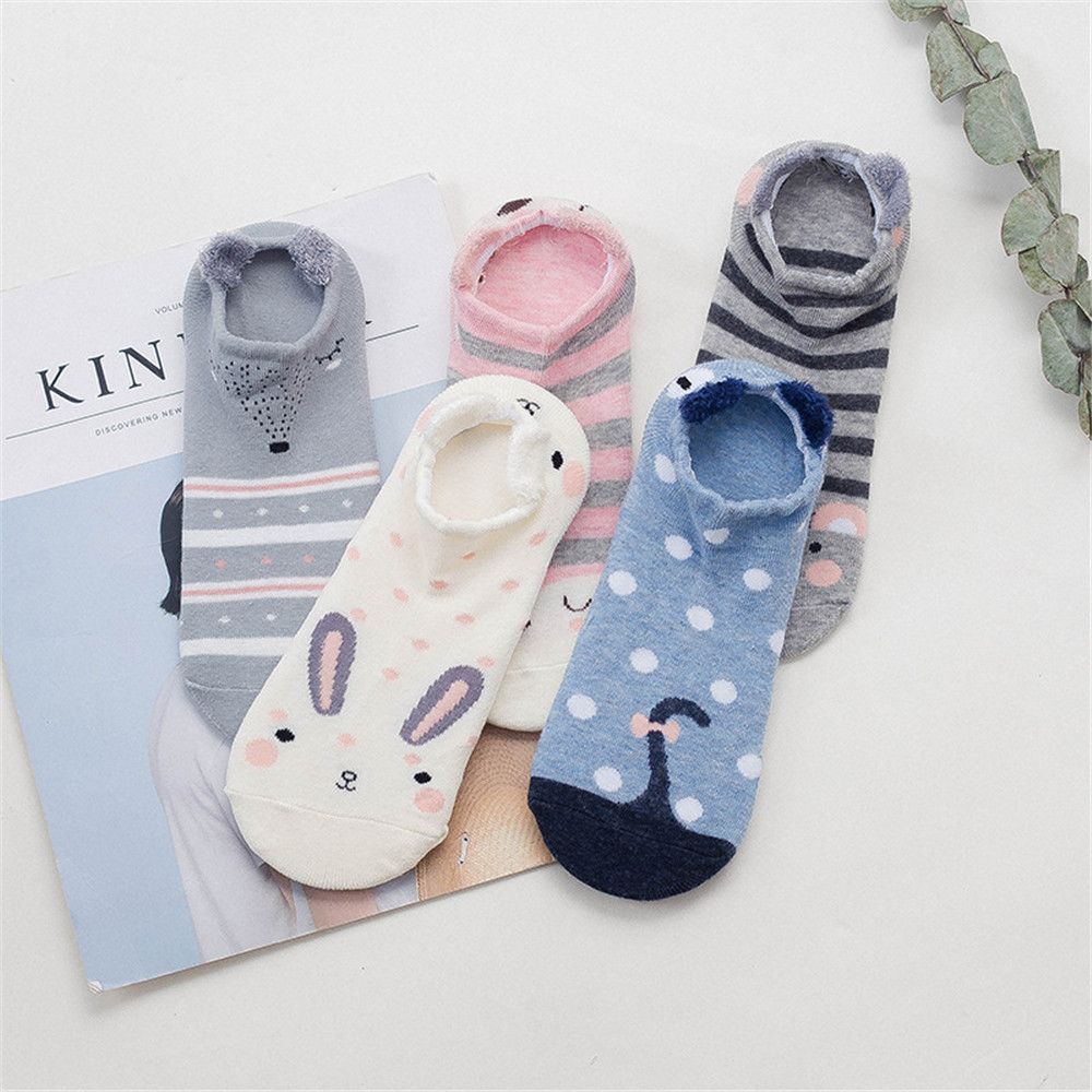 Vớ cotton cổ thuyền ngắn màu trơn thoáng khí in hình động vật dễ thương cho nữ