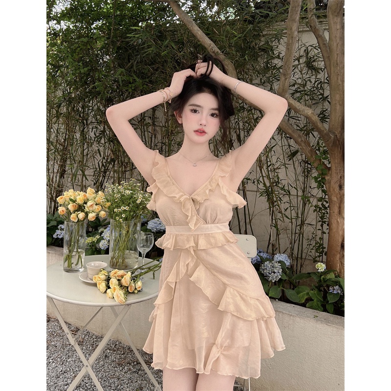 Đầm Chiffon Hai Dây Dây Chéo Viền Ren Thời Trang Hàn Quốc Thiết Kế Mới Mùa Hè Cho Nữ