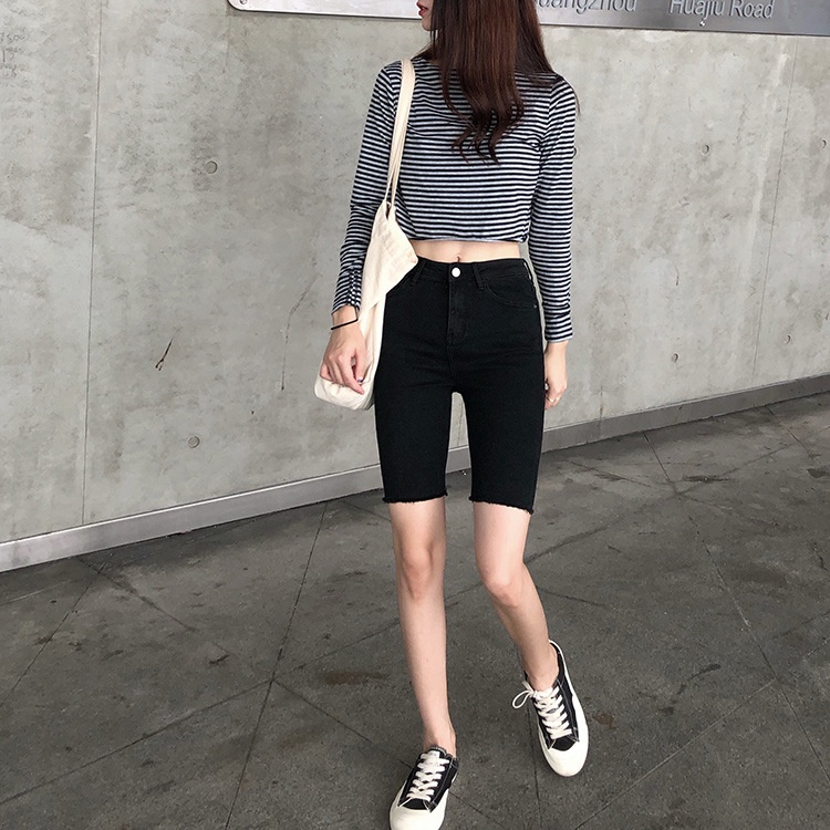 Quần short jean nữ lưng cao ZENA cạp cao vải bò giấy co giãn Q41