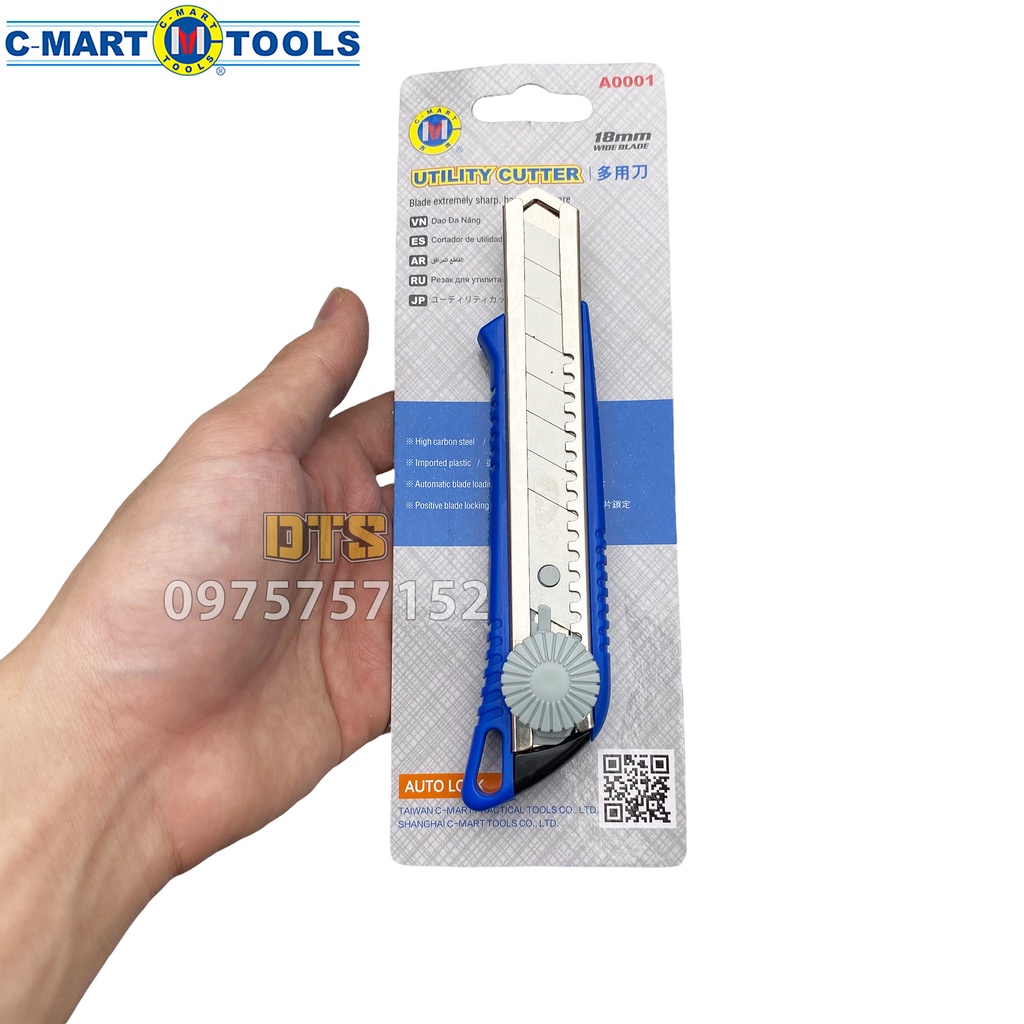 Dao rọc giấy đa năng 18mm có núm xoay C-Mart A0001, dao trổ cố định lưỡi dao siêu sắc, cắt giấy, rọc băng keo bìa carton