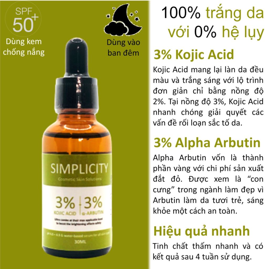 Tinh chất trắng da mờ thâm 3% Alpha Arbutin 3% Kojic Acid Simplicity