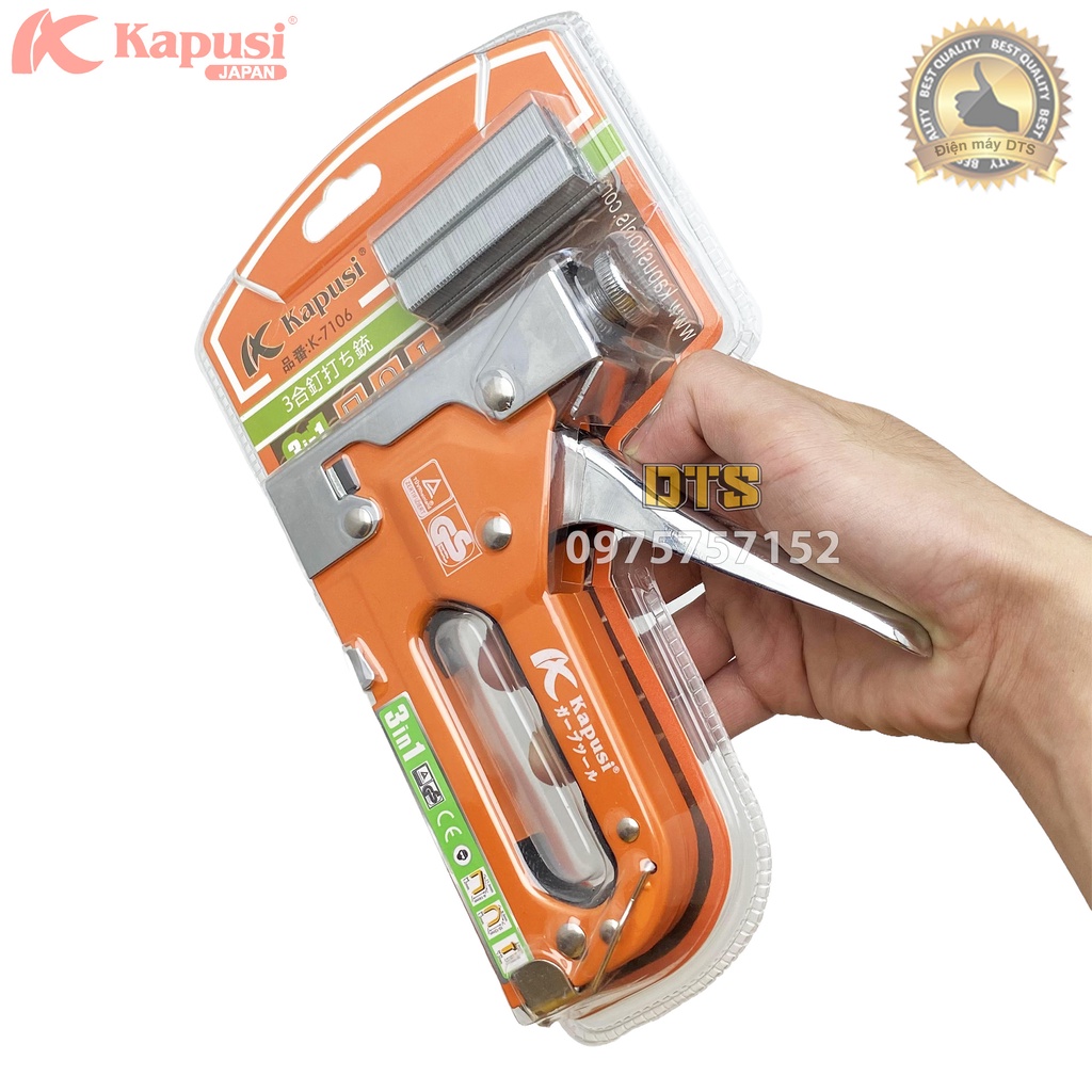 Kìm bấm đinh ghim đa năng 3 trong 1 hãng Kapusi K-7106, Súng bắn ghim có điều chỉnh tăng lực bấm – Tặng kèm 600 mũi ghim