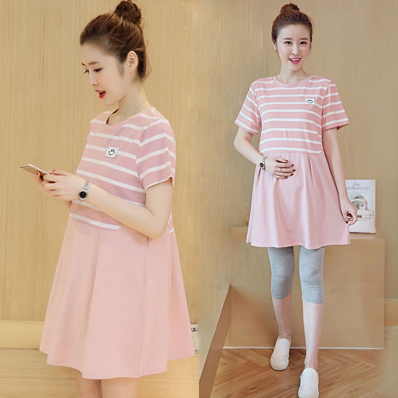 Đầm ngắn tay họa tiết kẻ sọc plus size cho mẹ bầu