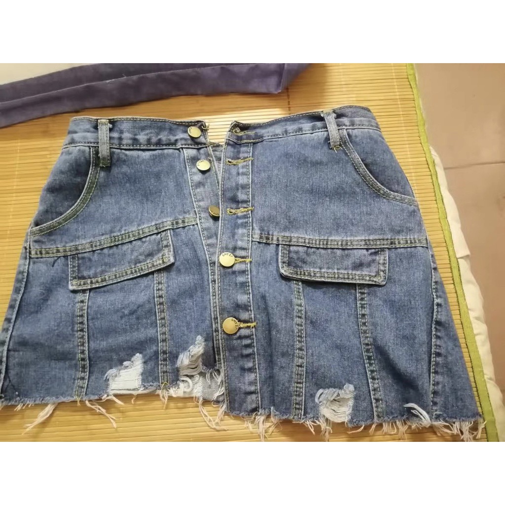 (Order) có bigsize Quần giả váy jeans gấu tua rua lệch phối cúc dọc 2019