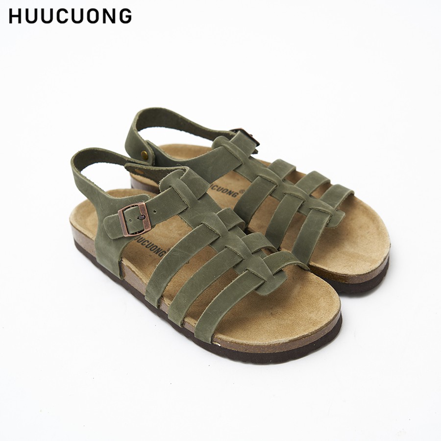 GIày sandal unisex Chiến Binh HUUCUONG Quai Da Thật Màu Xanh Rêu Đế Trấu