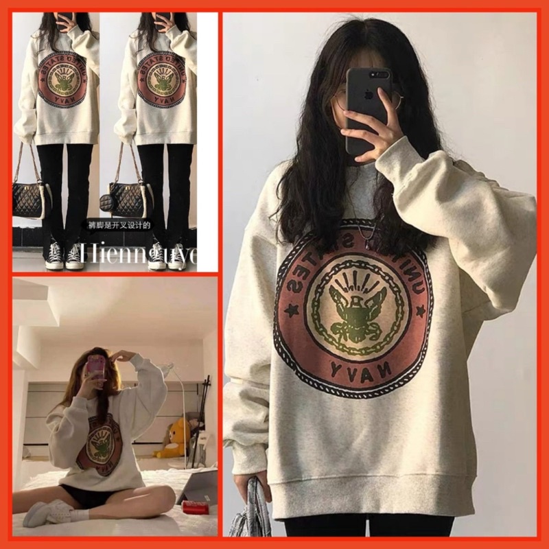 Áo Sweater Navy Tay Bồng  Nữ [FREESHIP]  Nỉ form rộng oversize màu ghi in hình cá tính Ulzzang