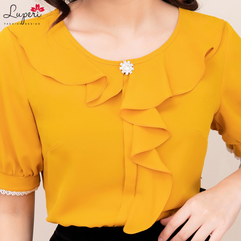 Áo Sơ Mi Nữ Cổ Bèo Nhún Tay Bồng Luperi chất liệu lụa lạnh Hàn mềm mát mịn không nhăn dáng xuông dài vừa LFSM1171