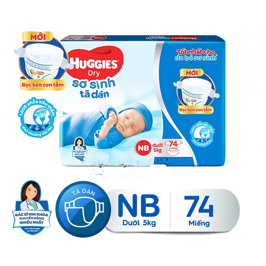 (Bọc kén còn tằm) Tã dán sơ sinh Huggies S56, NB74,S88 mới