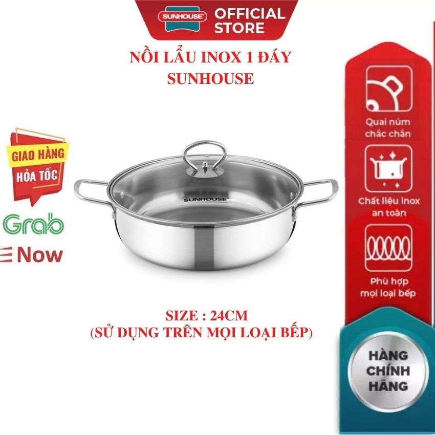 Nồi lẩu inox đáy từ SUNHOUSE 24 26CM Siêu Dày (dùng được trên mọi loại bếp) Mới 100% Chính Hãng Bảo Hành Toàn Quốc