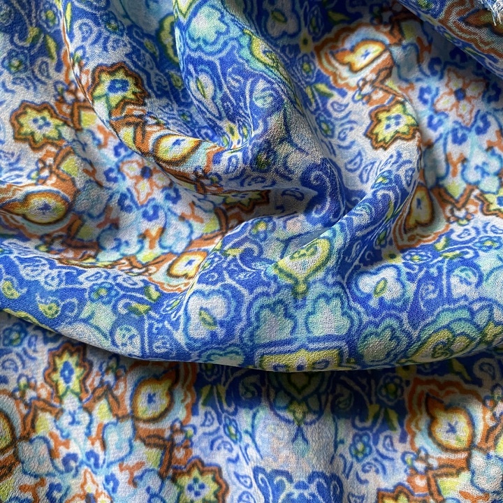 Khúc Voan Chiffon Hoa Dâu, Xanh Dương Đậm, Xanh Dương Lợt Khoor1m5 Chất Mỏng, Mềm Rũ, Co Giãn Nhẹ, Cần Phải Lót