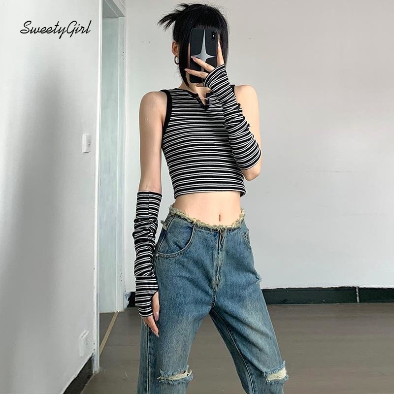 Áo Tank Top Cổ Chữ V Ôm Dáng Họa Tiết Kẻ Sọc Màu Tương Phản Thời Trang 2022 Cho Nữ