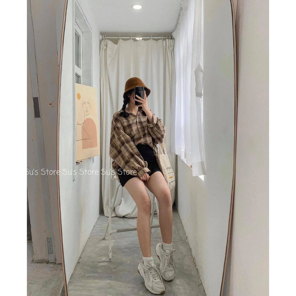 [Mã WARN20 giảm 20k đơn 150k] Áo Sơ Mi Nữ 🌸 Sơ mi kẻ nâu tay bồng KOREA SIÊU HOT 🌸 | BigBuy360 - bigbuy360.vn