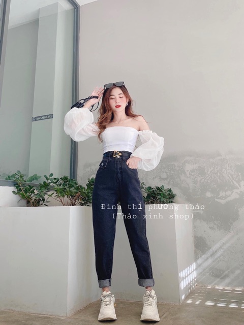 Quần jeans baggy xám đen lưng siêu cao qua rốn hai nút hack chân form ulzzang kèm ảnh thật hàng sẵn FREESHIP