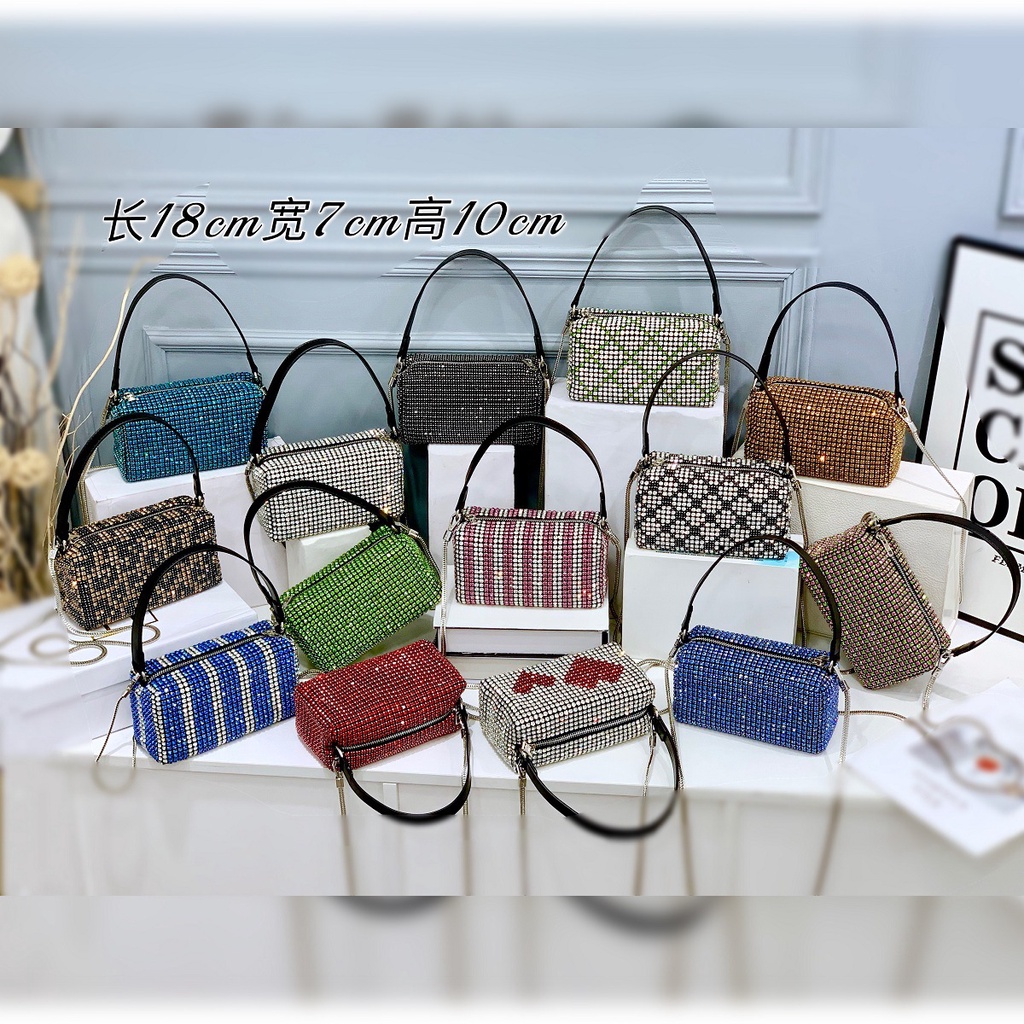 Túi Xách Đeo Vai Kiểu Vuông Nhỏ Đính Đá Kim Cương Giả Nhiều Màu Sắc Thời Trang Nữ 19cm