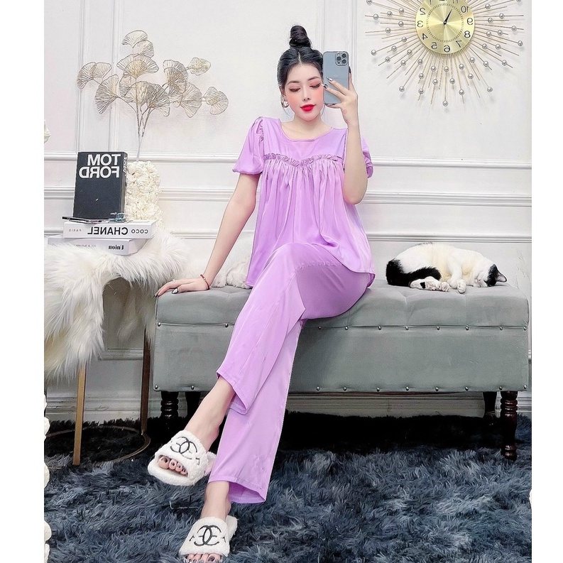 (FREESHIP 50K) Đồ Bộ Lụa Nhistore Áo Tay Phồng Viền Phối Quần Ống Suông Có Túi Freesize Dưới 57kg