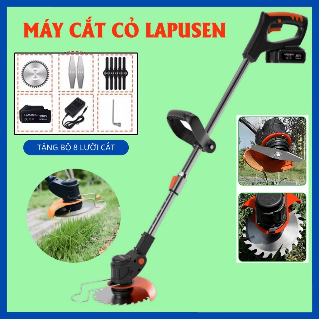 Máy cắt cỏ dùng pin LAPUSEN 198v, máy phát cỏ cầm tay tặng bộ 8 lưỡi cắt